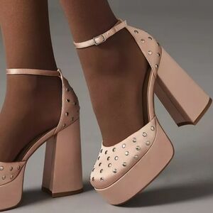 ANTHROPOLOGIE Silent D Grace MaryJane Studded Platform Heels Rose Satin …